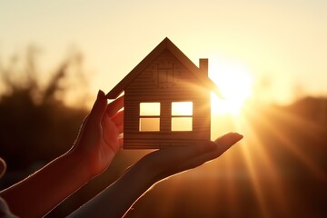 A symbol of your cozy home against the backdrop of the setting sun. Little wooden house in female hand delicately conveying dreams and hopes for secure. - obrazy, fototapety, plakaty