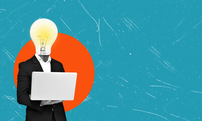 A contemporary artistic collage featuring an image of a man in a business suit with a laptop and a lightbulb in place of his head.