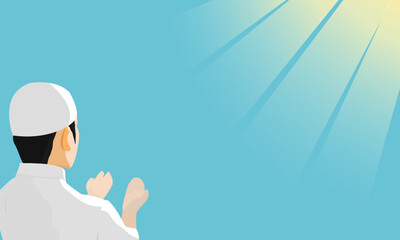 Flat illustration of a Muslim praying to Allah, with text area suitable for posters, Islamic background