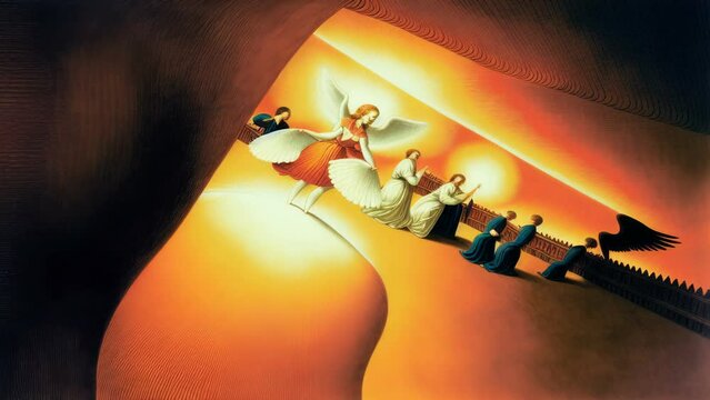 Generativeai motion animation of surreal painting of women dancing. Digital image painted landscape videoloop impressionism style.