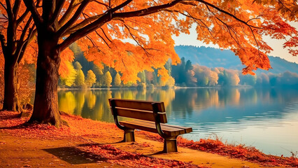 Autumn, park, and lake in autumn autumn walk, a bench is standing by a lake in autumn, Generative AI	