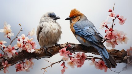 Two beautiful birds sitting on a flowery branch - obrazy, fototapety, plakaty