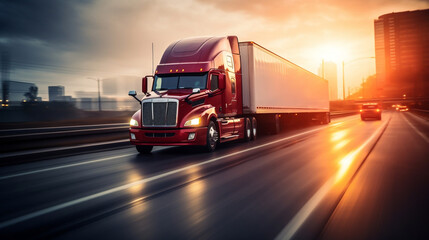 American truck on blurred motion highway - obrazy, fototapety, plakaty