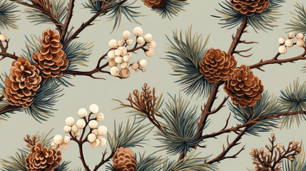 Christmas tree pattern, nature theme, fir tree branch, berries, and pinecones pattern illustration