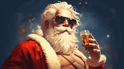 Cool Santa Claus with sunglasses and a refreshing soda drink, Bare-chested buff Santa in red robe and shades, modern illustration