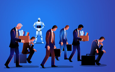 Illustration portraying the looming AI threat, embodied by a robot overtaking human job roles. Depiction of the evolving of automation and its potential impact on employment - obrazy, fototapety, plakaty