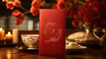 Red checkbook in a Chinese restaurant, red flowers, ornate cups, tea party setup