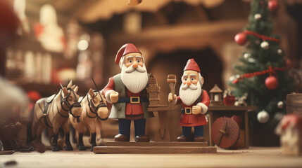 Wooden Santa Claus figurines on a table near horse and toy Christmas tree, workshop, cozy vibes