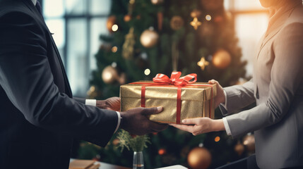People exchanging gifts on Christmas, focus on hands and present, office Secret Santa, Christmas tree in background