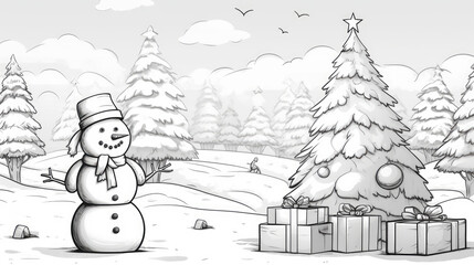 Minimalist illustration of a winter landscape. Christmas trees with stars, a snowman, and wrapped presents, vintage black and white illustration
