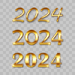 Happy New Year 2024 gold set. 2024 vector 3d design for Brochure, postcard, banner, poster. Numbers shadow. Vector illustration isolated on png background