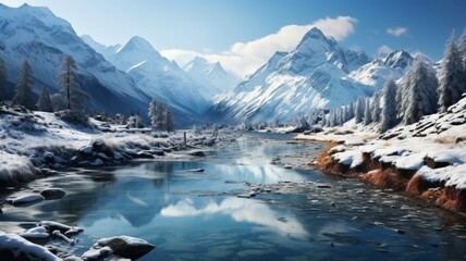 A tranquil winter landscape with snow-capped mountains and a river.