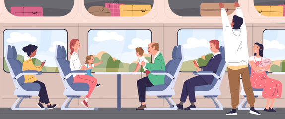 Passengers inside train. People travelling or commuting on railway transport interior, seated family characters with luggage look window, passenger trip classy vector illustration