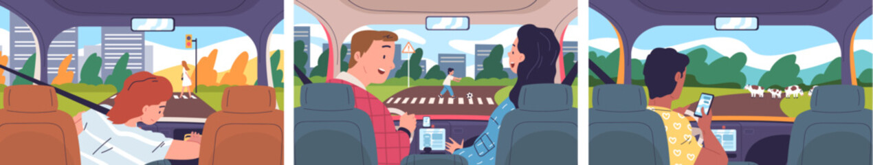 Distracted driving. Distraction busy driver with smartphone not look pedestrian on city road, multitasking drive inside car, automobile accident concept classy vector illustration