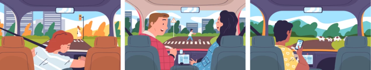 Rollo Distracted driving. Distraction busy driver with smartphone not look pedestrian on city road, multitasking drive inside car, automobile accident concept classy vector illustration © ssstocker