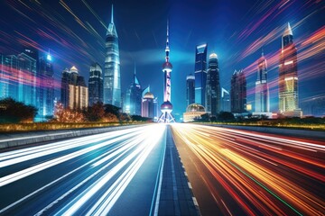 the light trails on the modern building background in shanghai china, the light trails on the modern building background in shanghai china, AI Generated