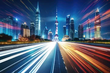 Foto op Plexiglas the light trails on the modern building background in shanghai china, the light trails on the modern building background in shanghai china, AI Generated © Ifti Digital