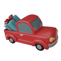 Red car delivers gifts Christmas  illustration cartoon icon concept. isolated on transparent background PNG 3d rendering.