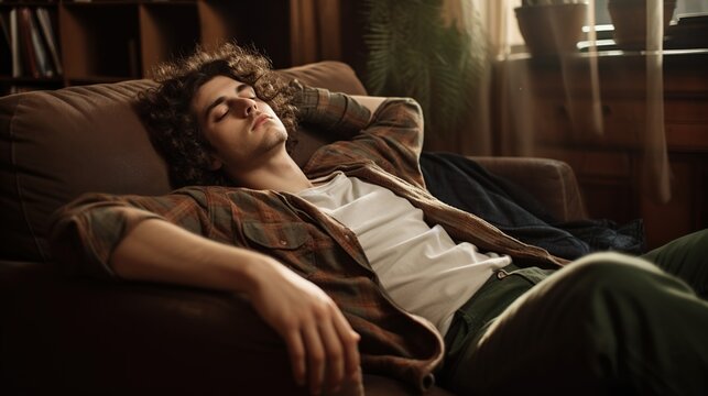 A young boy with curly hair lies on a couch relaxing vintage style. AI generated image