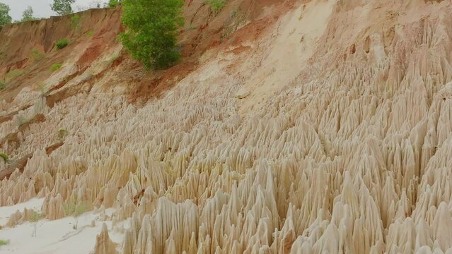 Fly around Tsingy rouge in Madagascar - long aerial shot