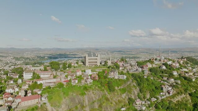 Wide drone shot of Rova - historical palace of kings on the hill in Antananarivo - Madagascar