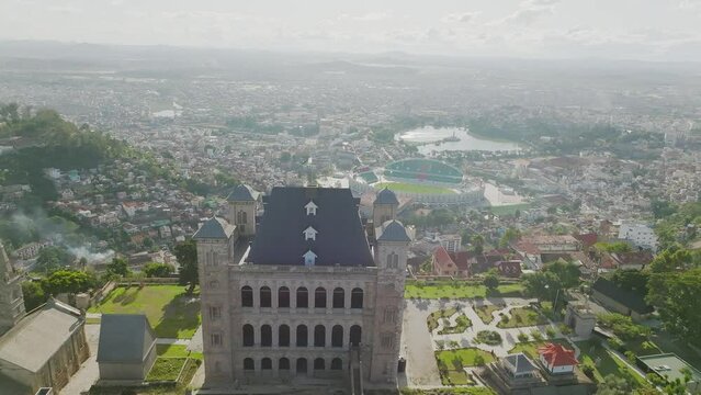 Antananarivo city with Rova - kings palace in Madagascar - fly over