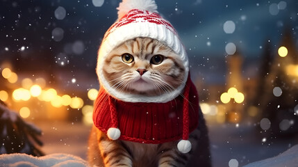 Craft a charming clipart of a festive feline donning a Santa hat and coat, radiating the warm and cozy spirit of Christmas.