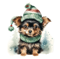 Watercolor dog in a winter hat and scarf, portrait of a dog. Generative AI, png image.