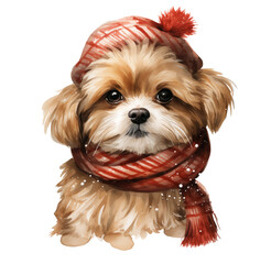 Watercolor cute dog in a winter hat and scarf, portrait of a dog. Generative AI, png image.