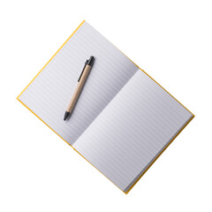 Open paper notebook with pen. Realistic, photography, isolated on white background.