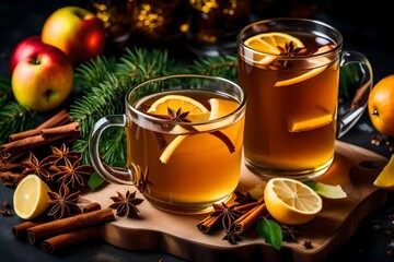 drink for New Year, Christmas or autumn holidays. Mulled cider or spiced tea, or mulled white wine with lemon, apples, cinnamon and anise