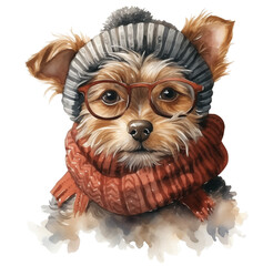 Watercolor cute dog in winter clothes, dog portrait. Generative AI, png image.