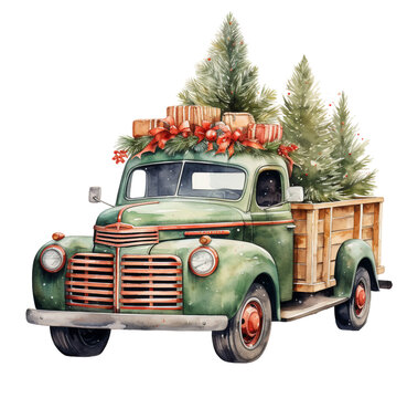 Watercolor Christmas truck with gifts. Generative AI, png image.