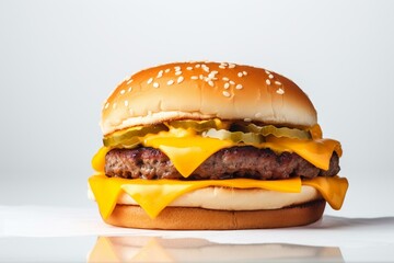 Close-up of a delectable cheeseburger on a white background. Generative AI