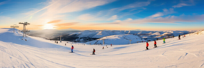 Ski resort panorama, slopes and lifts with skiers at sunset, sports and tourism