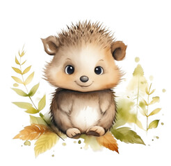 Watercolor autumn hedgehog. Generative AI, png image.
