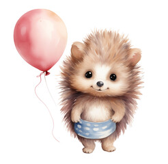 Fototapeta na wymiar Watercolor hedgehog with a balloon. Generative AI, png image.