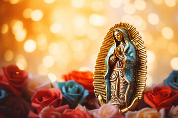 Statue of Saint Mary of Guadalupe (Virgen de Guadalupe) in honor of the celebration of the Mexican holiday of December 12 - obrazy, fototapety, plakaty