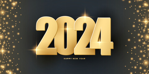 Happy New Year 2024 banner. Gold color. 2024 New Year bright festive holiday background. Glittering sparks. Vector illustration.