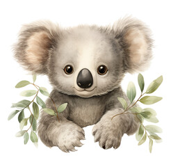 Watercolor koala on a eucalyptus tree. Generative AI, png image.