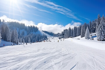 downhill skiing at sunny day, tourism and sports