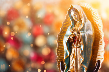 Statue of Saint Mary of Guadalupe (Virgen de Guadalupe) in honor of the celebration of the Mexican holiday of December 12 - obrazy, fototapety, plakaty