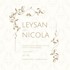 Fototapeta na wymiar Invitation card with floral frame on seamless background. Classic design page. 