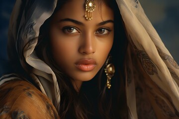 close-up striking portrait of a fashionable Indian woman, her tradition Bindi adding a dash of elegance. generative AI