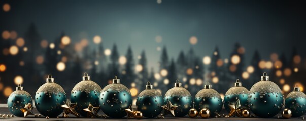 Banner: Christmas trinkets and decorations in green and red tones, with space for text. - obrazy, fototapety, plakaty
