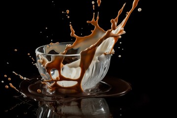 Splashing milk and chocolate on dark surface. Generative AI