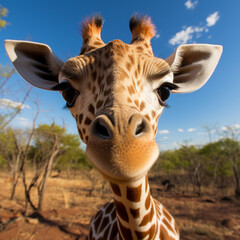 Curious giraffe close-up with savanna background, wide-angle