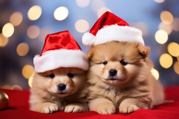 Amusing puppy in red Santa hat on Christmas