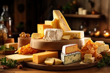 Various types of cheese on a wooden round tray on a wooden table. Generated by artificial intelligence - Powered by Adobe