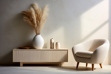 Cream white armchair and pampas grass on tv cabinet